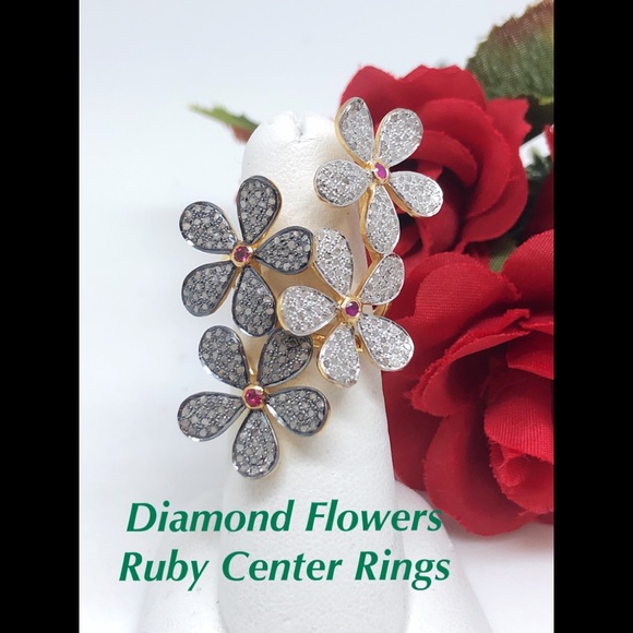 Sale! Oxidized Diamond Double Flower Knuckle to Knuckle Ring w/Ruby Center, NWT - Picture 4 of 8